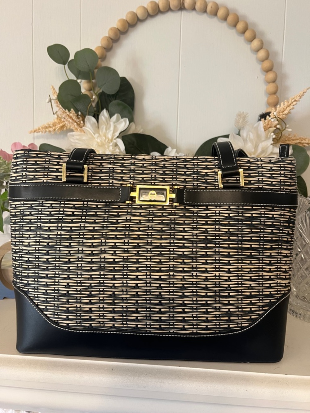 Etienne Aigner Black & Cream Woven Tote with Gold Hardware